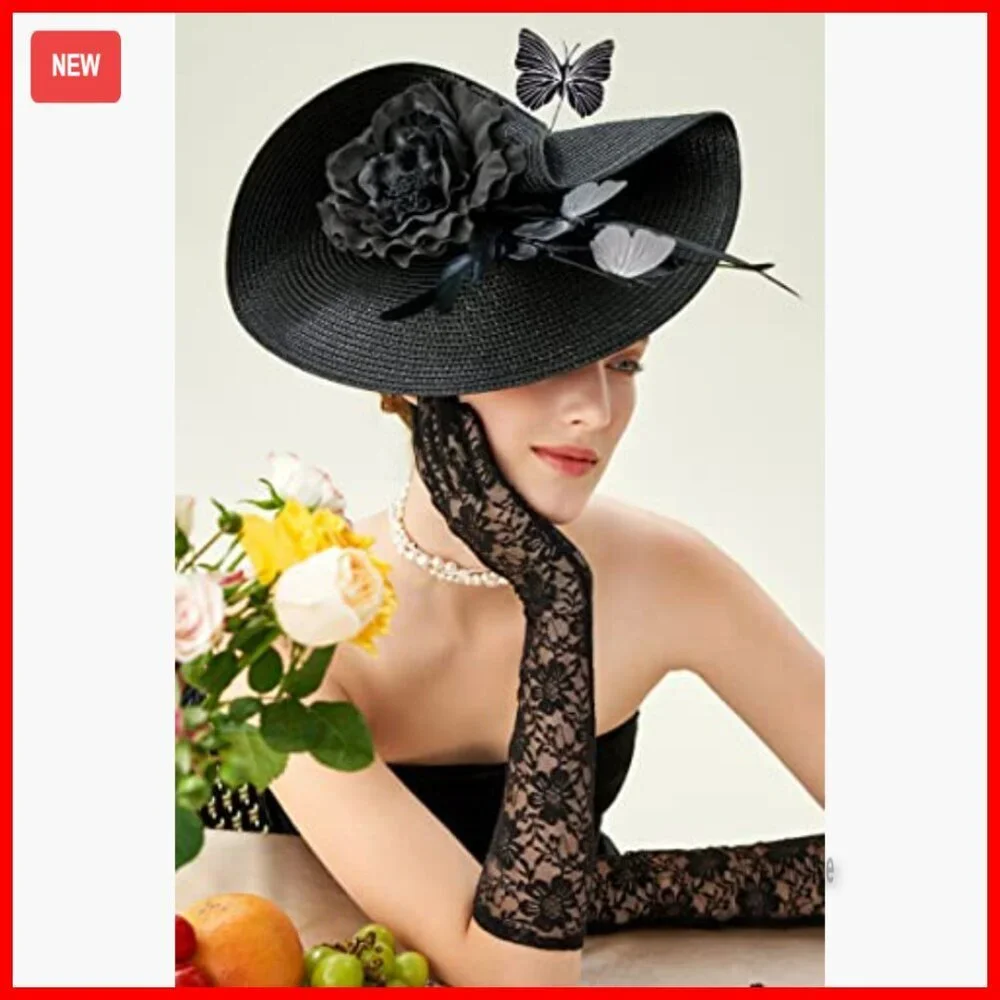 Women's Derby Fascinator Hat with Butterfly Flower Wide Brim for Special